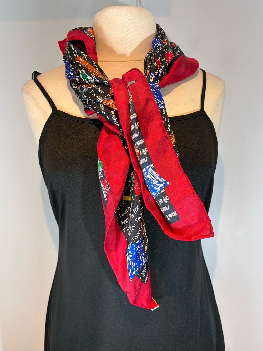 Vintage 100% Silk Teacher School Print Square Scarf 34” x 34”
